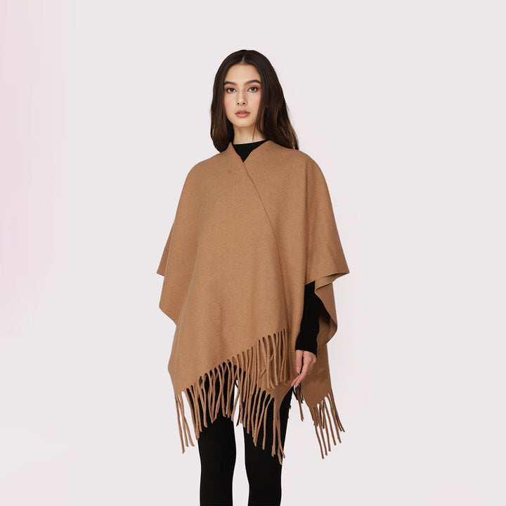 Damen Kaschmir‑Optik Capeponcho mit Fransen und offenem Oversize‑Schnitt Echo Archiv