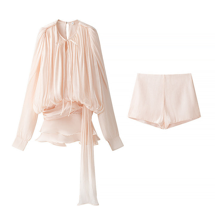 Damen nan luftiges Chiffon-Wickelblusen-Set mit Schärpe und Lagen-Shorts Echo Archiv