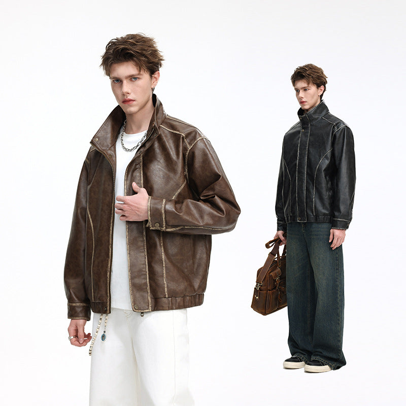 Herren Lederoptik-Blouson mit Stehkragen, Reißverschluss und Ziernähten Echo Archiv