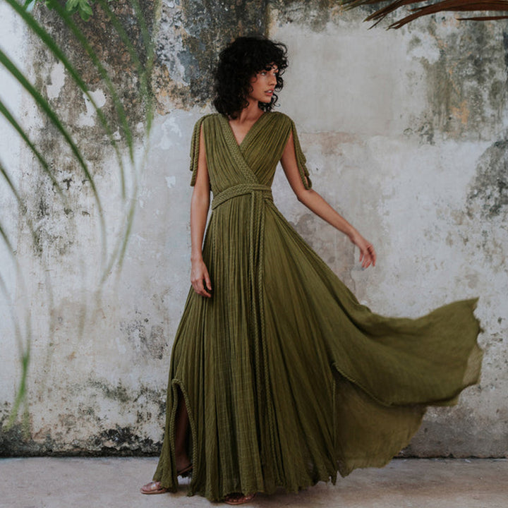Damen Maxikleid mit tiefem V-Ausschnitt und seitlichem Schlitz Echo Archiv