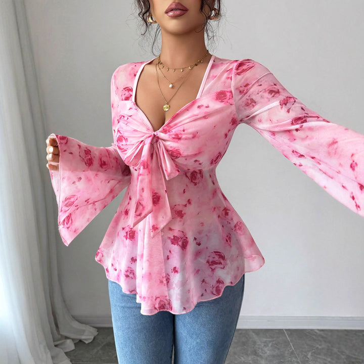 Damen Chiffonbluse mit Bindeknoten, V‑Ausschnitt und ausgestellten Glockenärmeln – Avérine