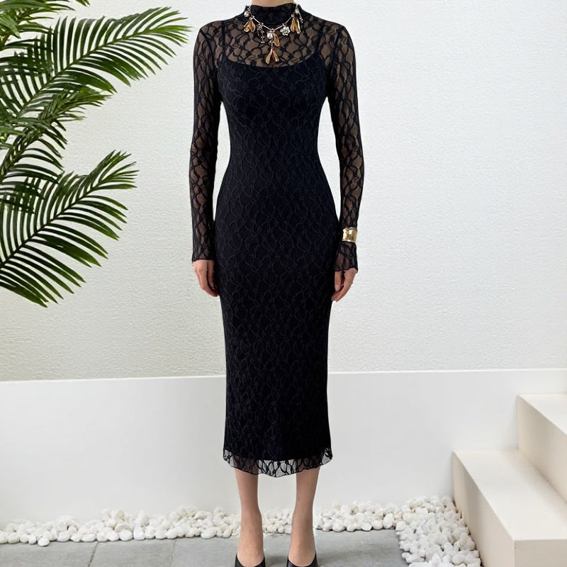Damen Elegantes Kleid mit transparenten Spitzenärmel Echo Archiv