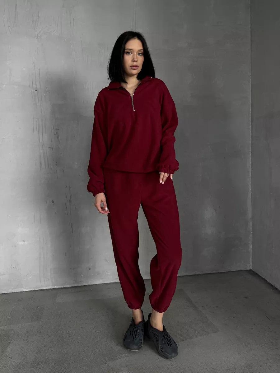 Damen lässiges Fleece-Jogginganzug Set mit Stehkragen und halbhohem Reißverschluss – Avérine
