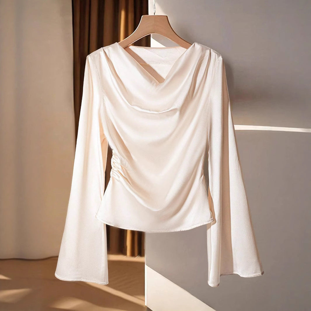 Damen Drapiertes Satin-Top mit Wasserfallkragen & Volantsärmeln – Avérine