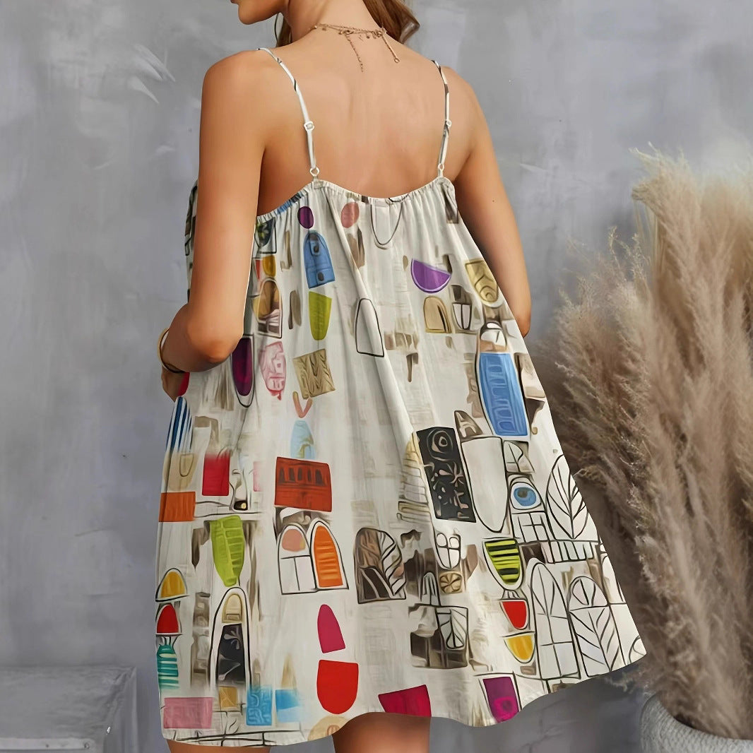 Damen luftiges Sommerkleid mit buntem geometrischem Muster und Kreuzträgern Echo Archiv