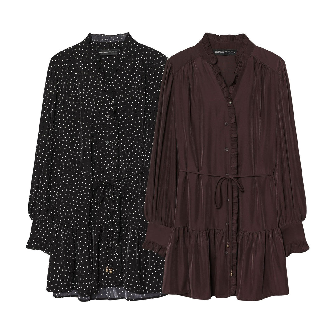 Damen gepunktetes Midikleid mit Rüschenblende, Taillenzug und stufigem Volantrock – Élara