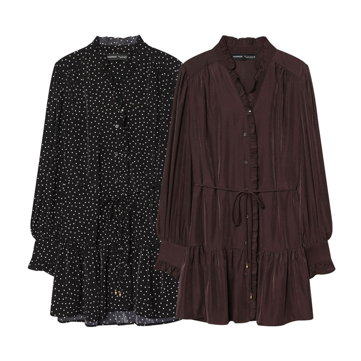 Damen gepunktetes Midikleid mit Rüschenblende, Taillenzug und stufigem Volantrock – Élara