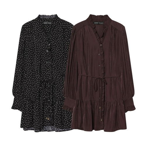 Damen gepunktetes Midikleid mit Rüschenblende, Taillenzug und stufigem Volantrock – Élara