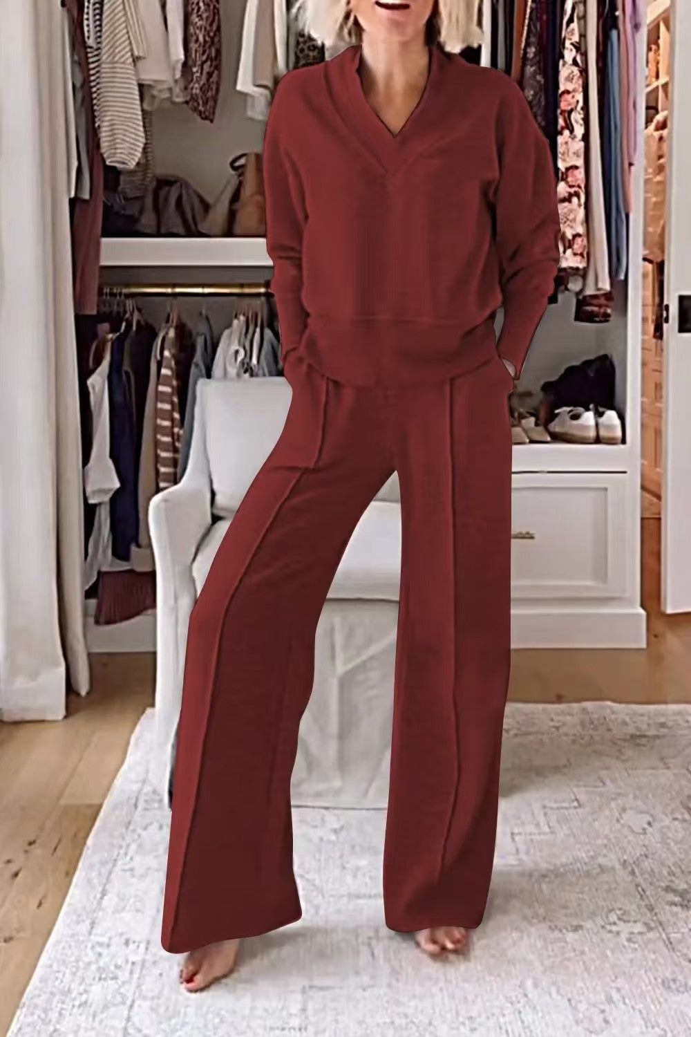 Damen Zweiteiliges Lounge-Set aus weichem Jersey mit V-Ausschnitt und weitem Palazzohosen-Schnitt Echo Archiv