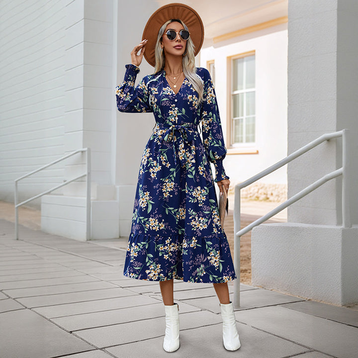 Damen Florales Langarmkleid mit Taillengürtel Echo Archiv