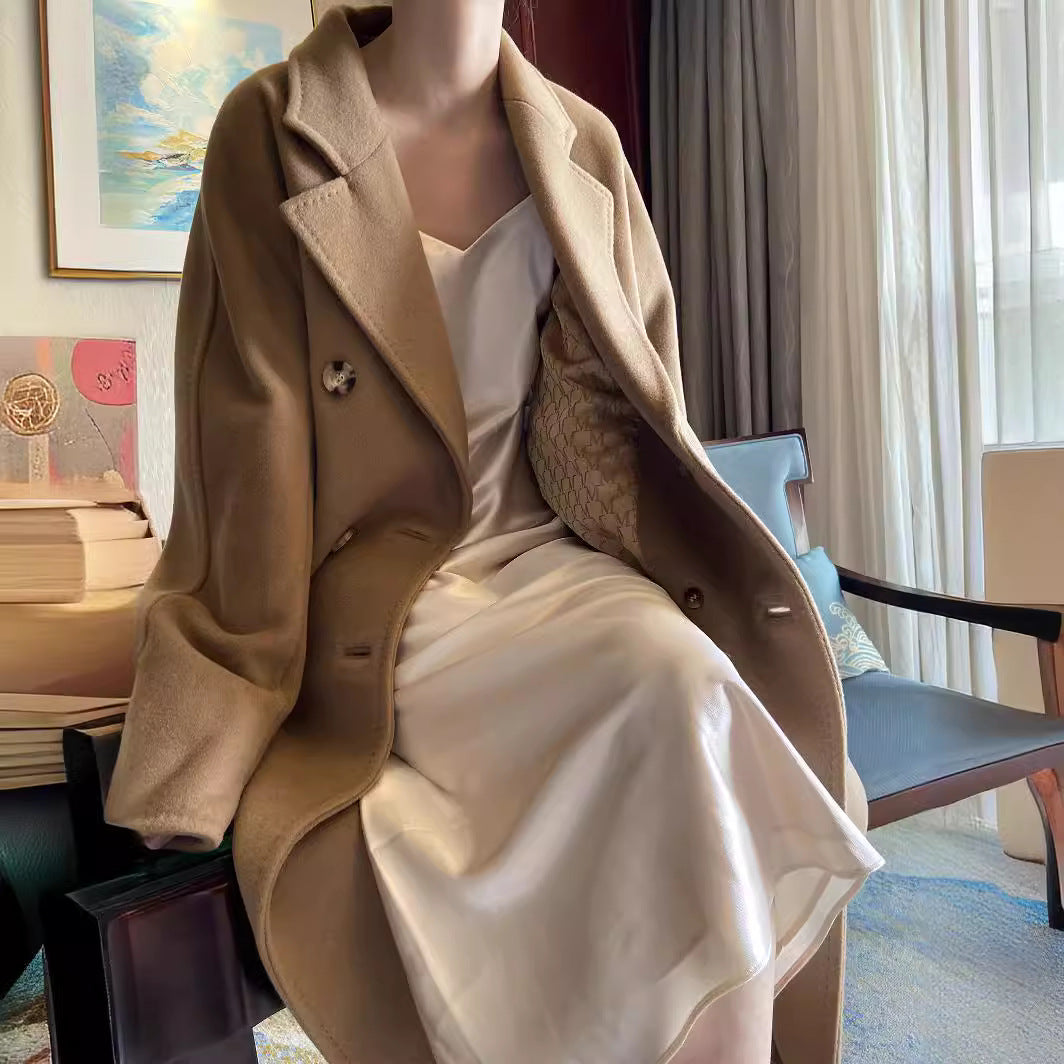 Damen Eleganter Doppeltbreasted Wollmantel Echoarchiv