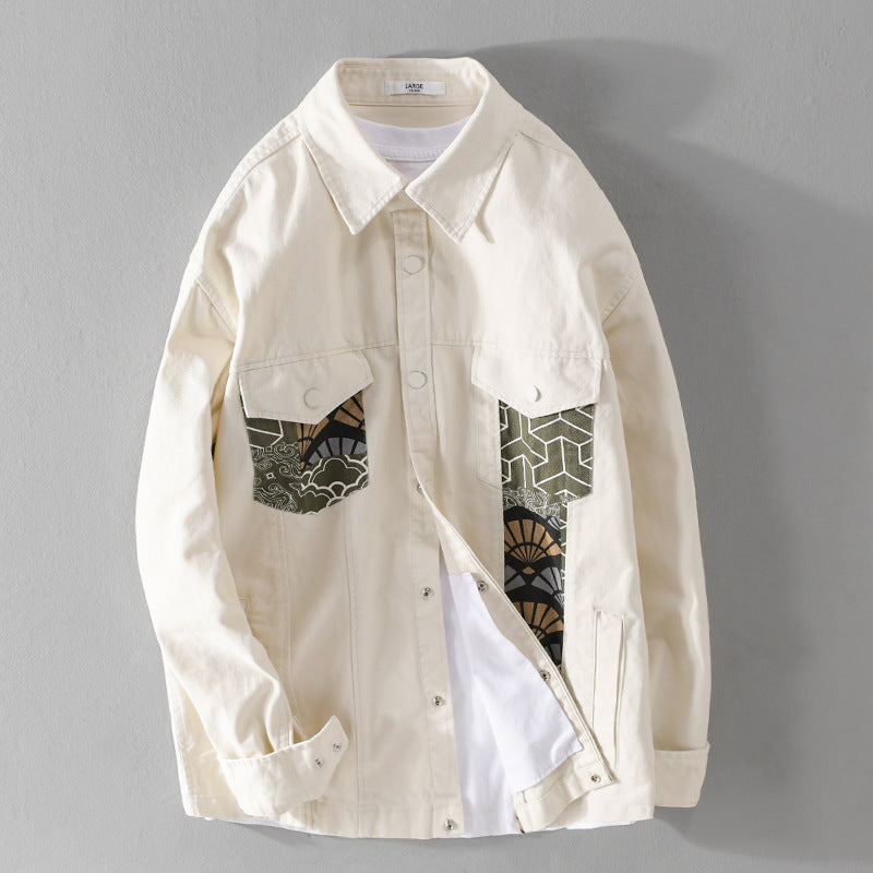 Herren Leichtes Canvas-Overshirt im Worker‑Stil mit japanischem Musterpatch und Druckknopfleiste Echoarchiv