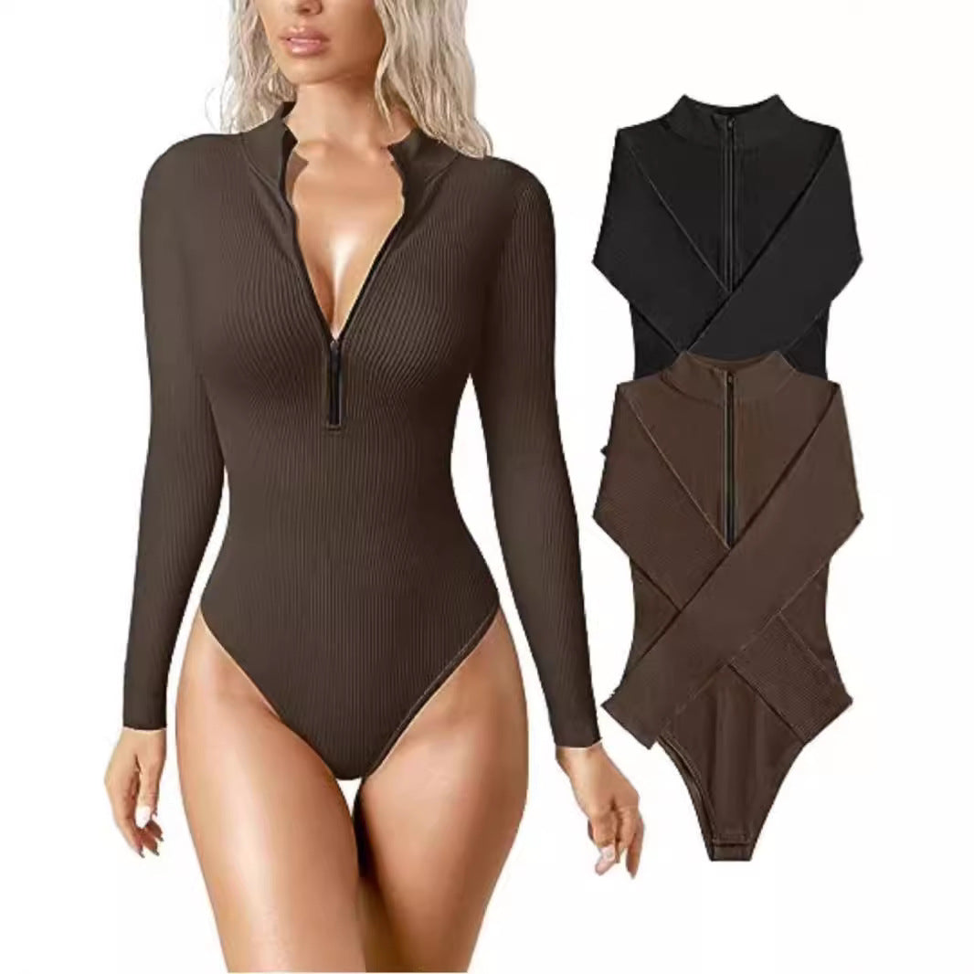 Damen Enganliegendes Rippstrick-Longsleeve mit Halbzip und Stehkragen Echoarchiv