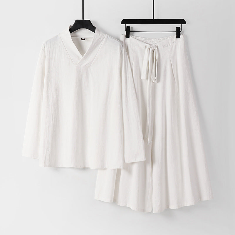 Damen Leichtes Leinen-Baumwoll Loungewear-Set mit V-Ausschnitt, weitem Midirock und Bindegürtel Echoarchiv
