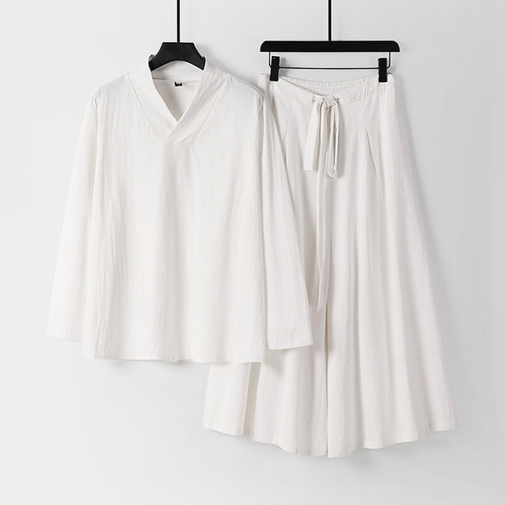 Damen Leichtes Leinen-Baumwoll Loungewear-Set mit V-Ausschnitt, weitem Midirock und Bindegürtel Echoarchiv