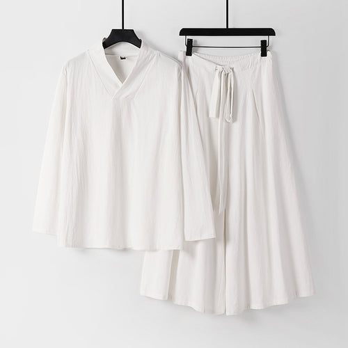 Damen Leichtes Leinen-Baumwoll Loungewear-Set mit V-Ausschnitt, weitem Midirock und Bindegürtel Echoarchiv