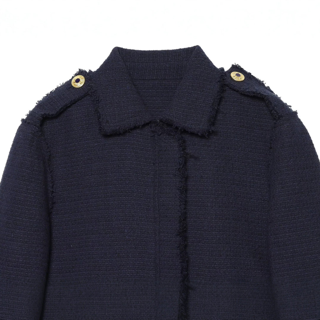 Damen Bouclé‑Tweed Kurzjacke mit Fransenbesatz, Schulterpatten und aufgesetzten Taschen Echo Archiv