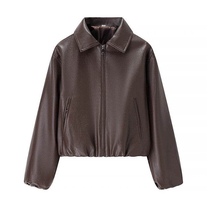 Damen cropped Glanz-Kunstlederjacke im Bomberstil mit Hemdkragen und elastischem Saum – Avenza