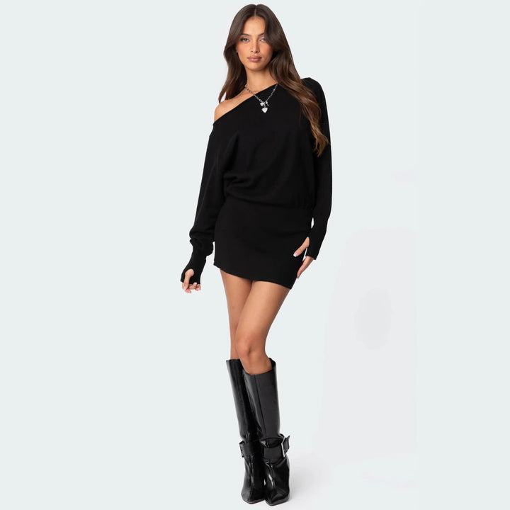 Damen lässiges Strickkleid mit asymmetrischem Ausschnitt und tailliertem Bund Echo Archiv