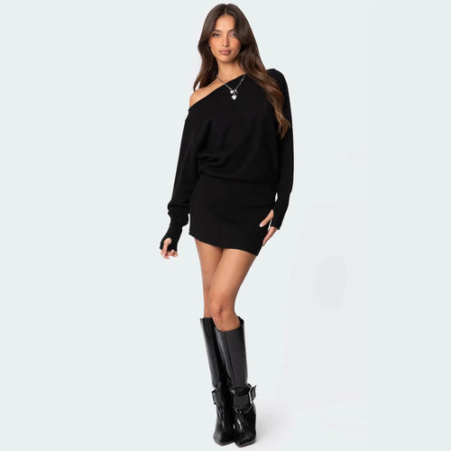 Damen lässiges Strickkleid mit asymmetrischem Ausschnitt und tailliertem Bund Echo Archiv