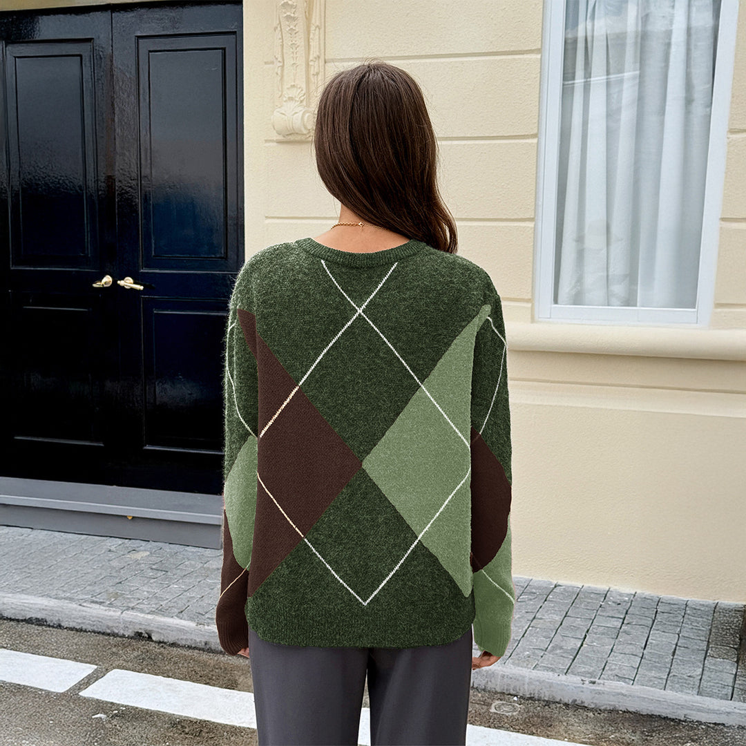 Damen oversized Argyle-Strickpullover mit kastigem Schnitt und geripptem Rundhalsausschnitt – Mavelle