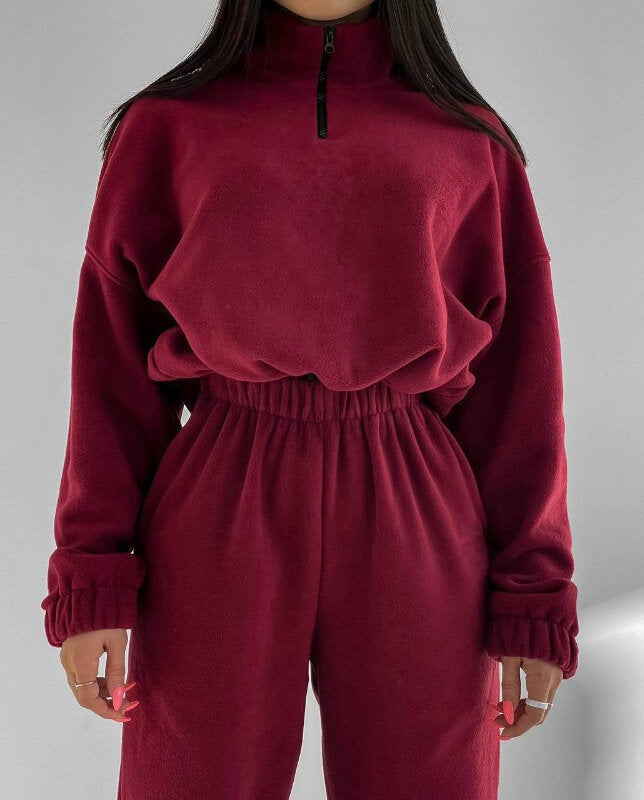 Damen Relax-Fleece-Set mit Stehkragen-Halbzip und geraffter High-Waist-Hose – Avérine