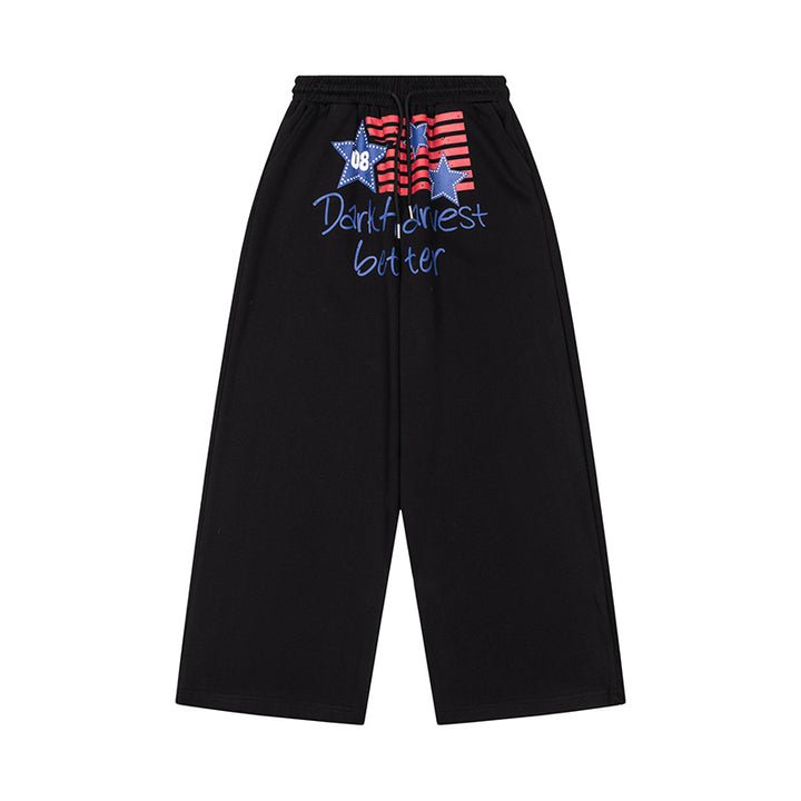 Damen Weite Culotte-Loungehose mit hohem Komfortbund, Kordelzug und Stern-Flaggen-Print Echoarchiv