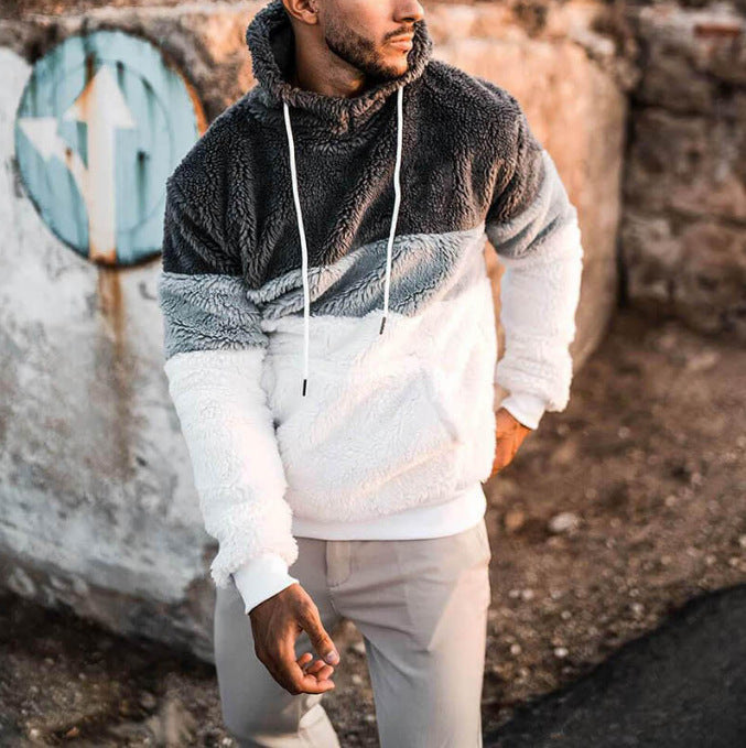Herren Farbblock-Teddy-Fleece Kapuzenpullover mit Kängurutasche und Tunnelzug Echoarchiv