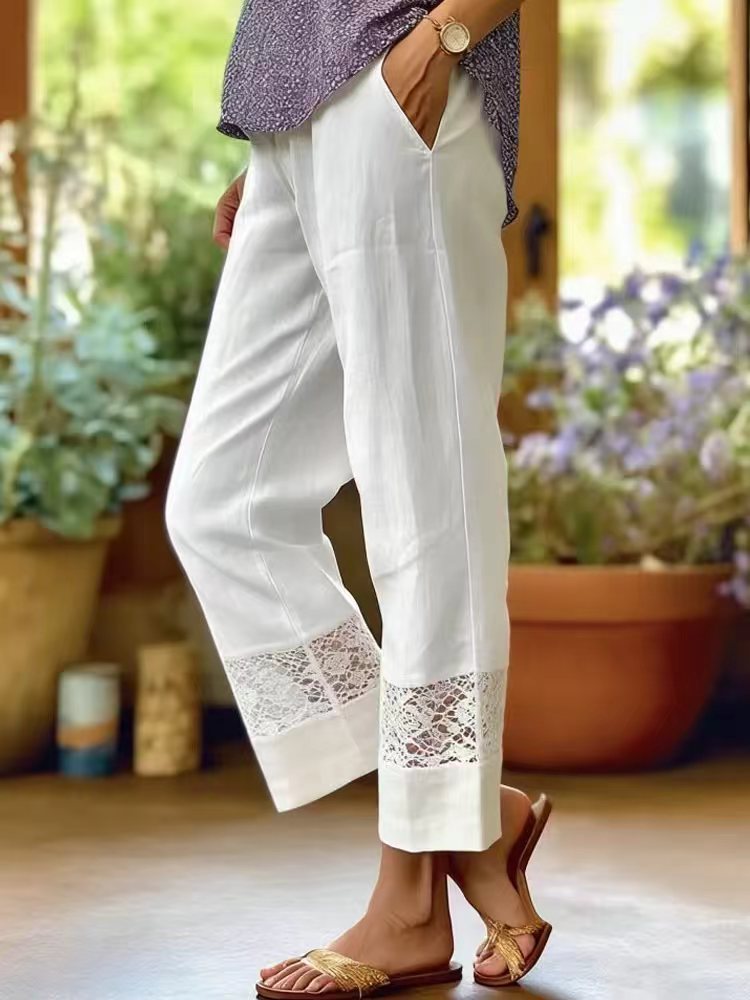 Damen Leinenoptik Culotte-Hose mit Spitzeinsatz am Saum und seitlichen Eingrifftaschen – Avélisse