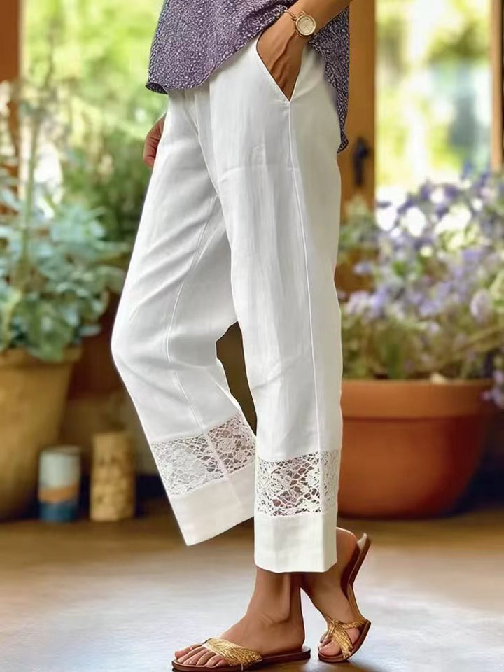 Damen Leinenoptik Culotte-Hose mit Spitzeinsatz am Saum und seitlichen Eingrifftaschen – Avélisse