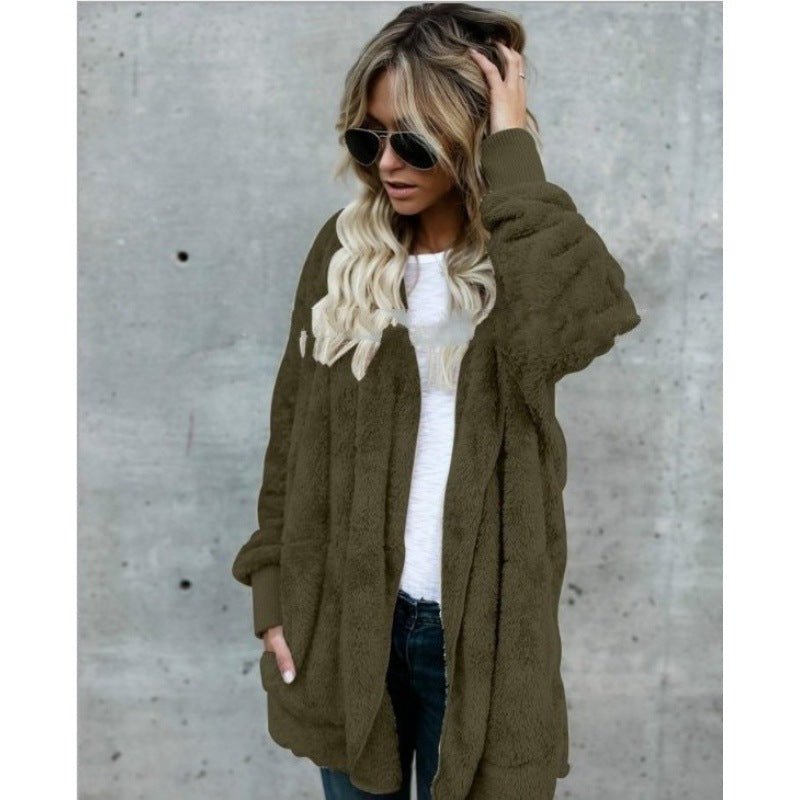 Damen Kuschelige Teddy‑Fleece‑Cardigan mit Kapuze, Oversize‑Schnitt und aufgesetzten Taschen – Veloura
