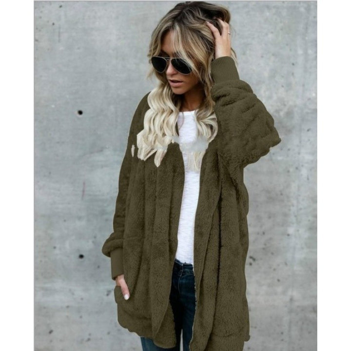 Damen Kuschelige Teddy‑Fleece‑Cardigan mit Kapuze, Oversize‑Schnitt und aufgesetzten Taschen – Veloura