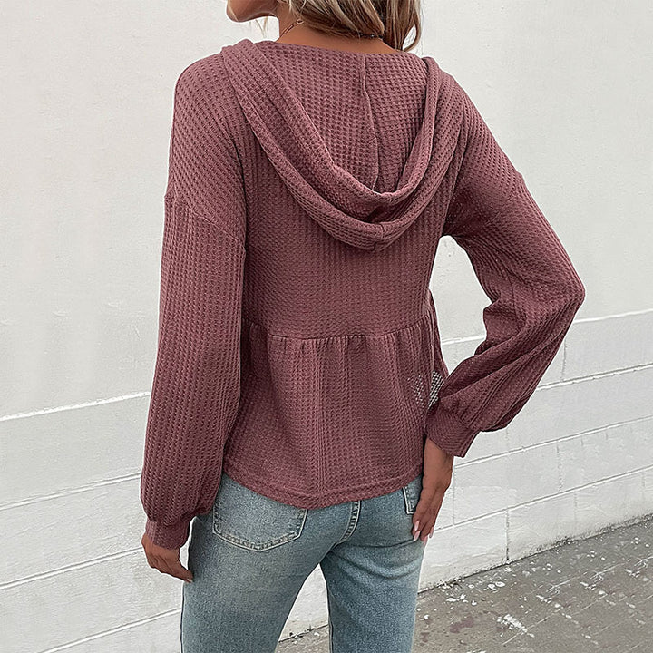 Damen Waffelstrick-Hoodie-Bluse mit V-Ausschnitt, Knopfleiste und geraffter Taillenpasse Echoarchiv