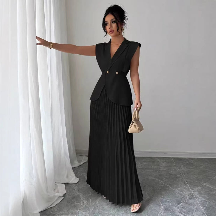 Damen Ärmelloses tailliertes Blazer-Set mit plissiertem Maxirock – Valéne