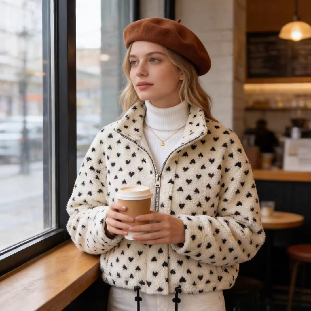 Damen Teddyjacke mit Herz-Allover, kurzer Boxy‑Schnitt, Stehkragen und Tunnelzug Echo Archiv