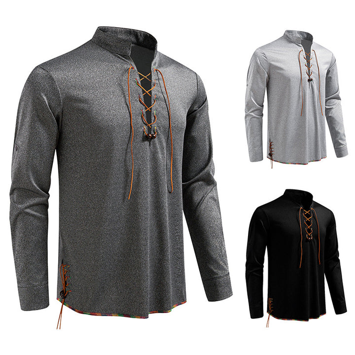 Herren Lässiges Baumwoll-Langarmshirt mit Schnürung, Stehkragen und aufkrempelbaren Ärmeln Echo Archiv