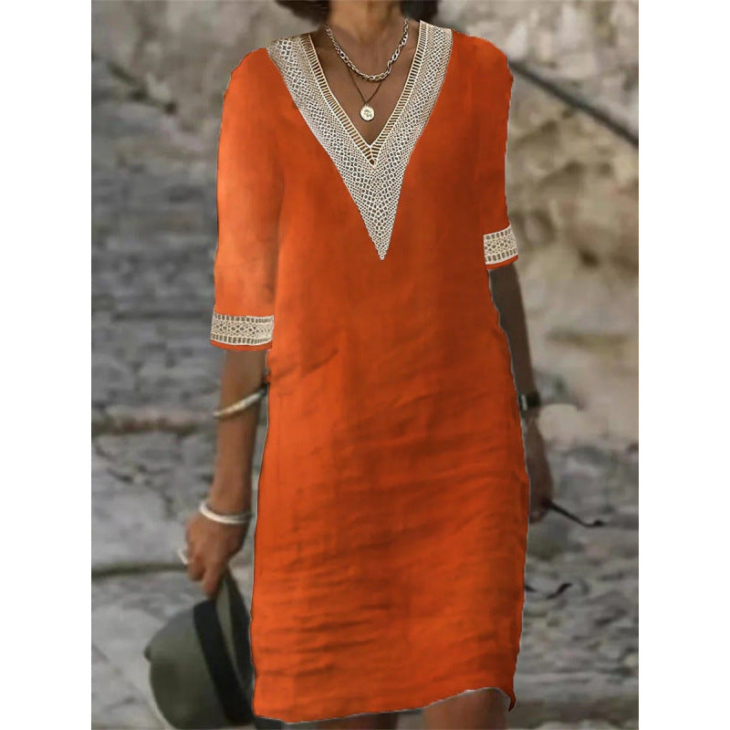 Damen Leichtes Leinen-Midikleid mit V-Ausschnitt und Häkelspitzenbesatz – Élara