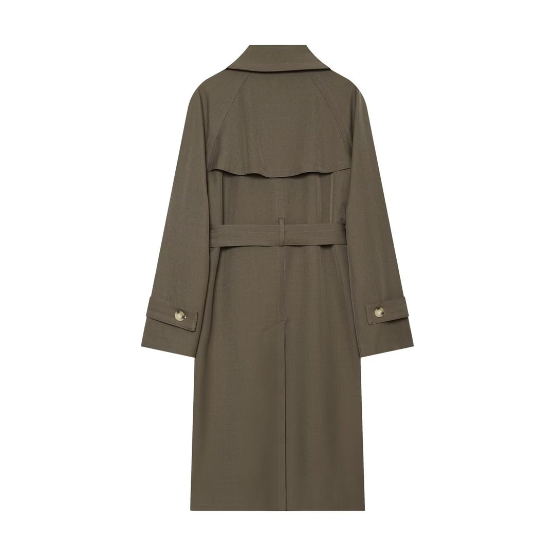 Damen Longline Doppelreihiger Trenchcoat mit Taillengürtel, Ziernähten und Umlegekragen Echo Archiv