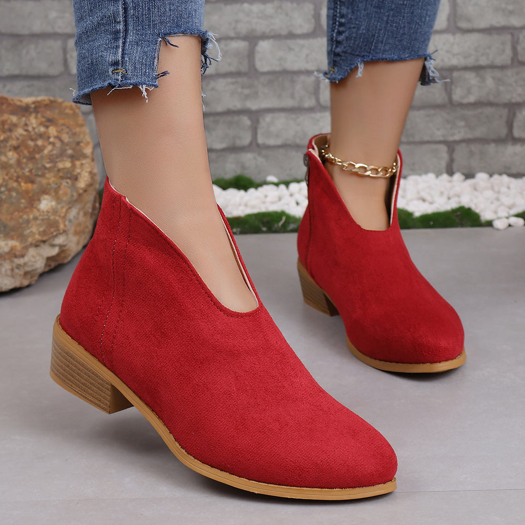 Damen nan V‑Ausschnitt Ankleboots aus Veloursoptik mit seitlichem Reißverschluss und niedriger Holzblocksohle Echo Archiv