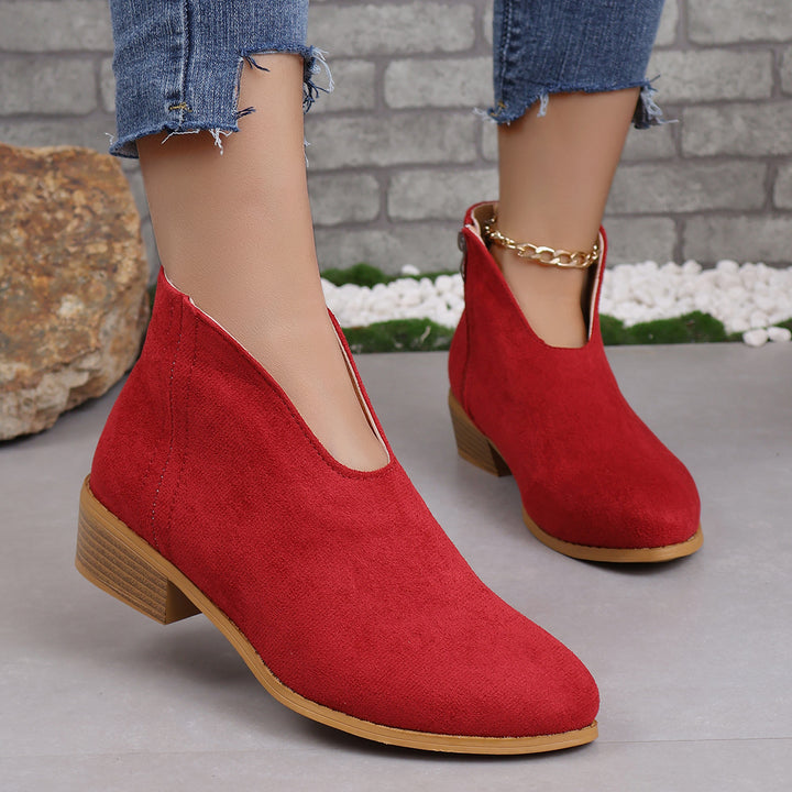 Damen nan V‑Ausschnitt Ankleboots aus Veloursoptik mit seitlichem Reißverschluss und niedriger Holzblocksohle Echo Archiv