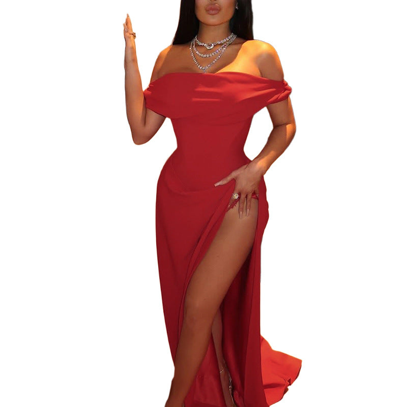 Damen Elegantes Off-Shoulder-Maxi-Kleid mit verführerischem Schlitz Echo Archiv