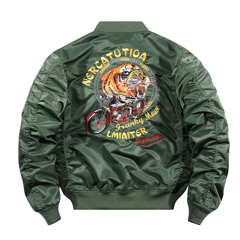 Herren bestickte Nylon-Flightjacke mit großflächigem Tiger- und Motorradmotiv Echoarchiv