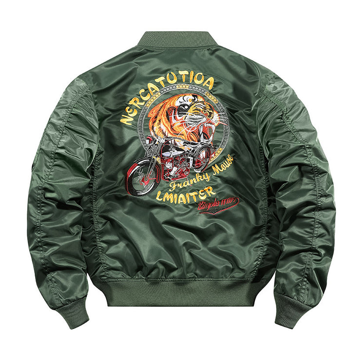 Herren bestickte Nylon-Flightjacke mit großflächigem Tiger- und Motorradmotiv Echoarchiv