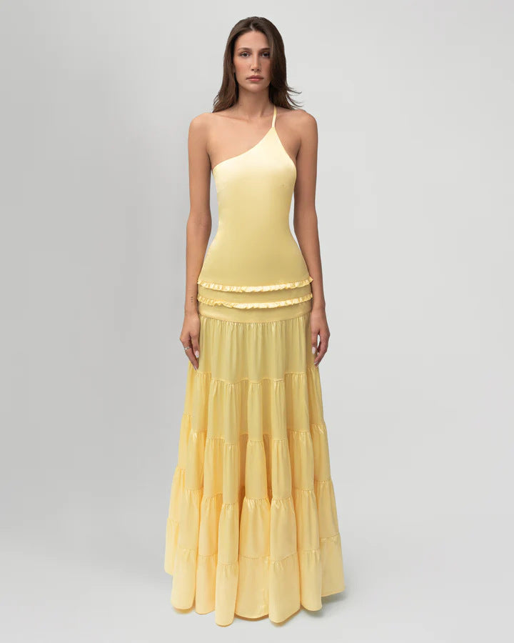 Damen elegantes asymmetrisches Maxikleid mit Rüschendetails Echo Archiv