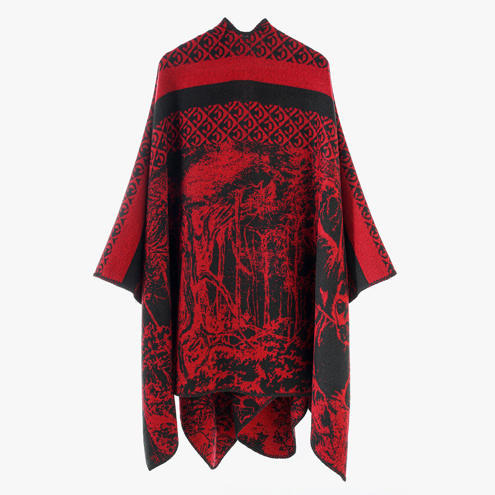 Damen Jacquard-Strickcape mit Stehkragen und grafischem Waldmotiv – Avérine