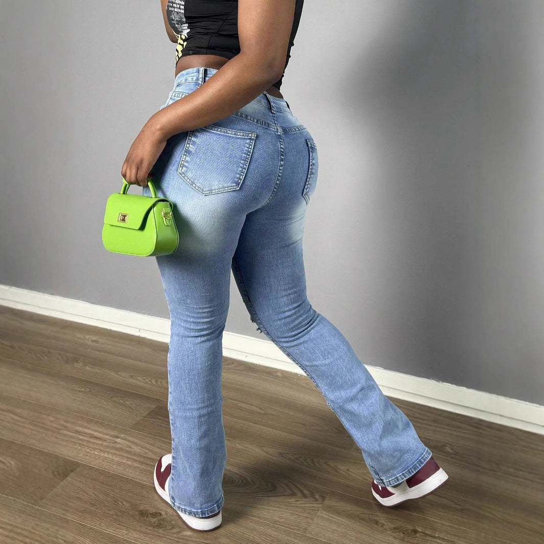 Damen Hochtaillierte Distressed Flared-Jeans mit Paneelnähten Echo Archiv