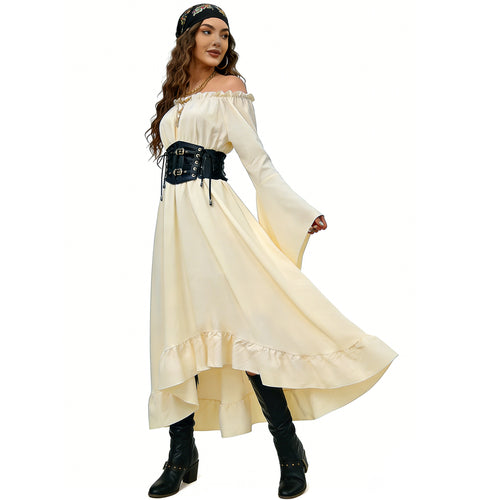 Damen nan schulterfreies Maxikleid mit Volantstufen und weiten Trompetenärmeln Echo Archiv