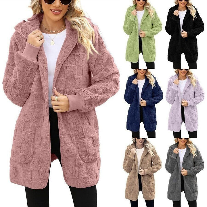 Damen nan kuschelige Kapuzen-Longjacke aus Teddyfleece mit aufgesetzten Taschen und strukturierter Karooptik Echo Archiv