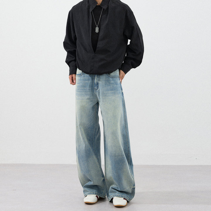 Herren Extraweite Zweiton-Denim-Palazzohose mit Block-Panelen und tiefem Schritt Echo Archiv