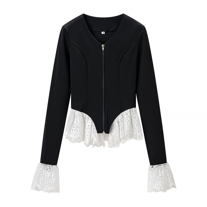 Damen Taillierte Zip‑Jacke mit Spitzenvolant am Saum und Ärmelabschluss Echo Archiv